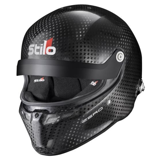 Black carbon helmet with a sleek design, featuring a glossy finish, ventilation holes, and a removable visor, labeled with the Stilo logo and "Zero" branding, size S (56cm).