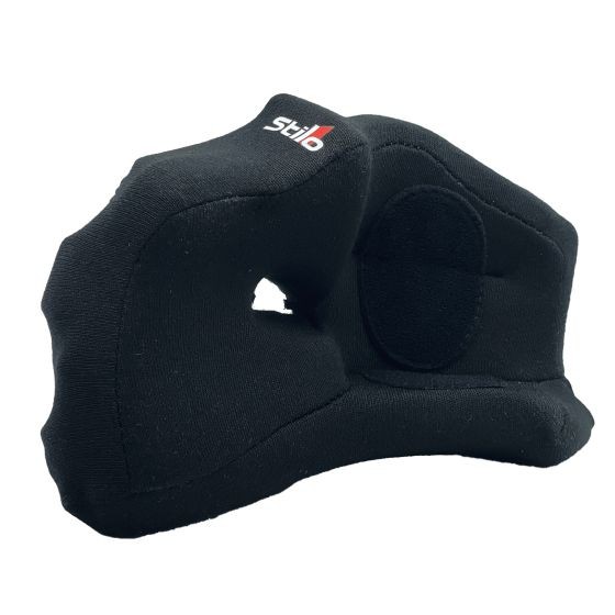 Black fabric cheek pads for Stilo ST6 helmet, featuring a smooth exterior and a contoured shape for comfort, designed for a snug fit with a 30mm thickness.