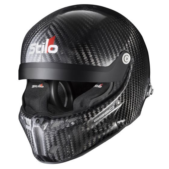 Stilo ST6 R 8860 carbon rally helmet in black with a glossy finish, featuring a visor, ventilation openings, and a size label of S (55cm).