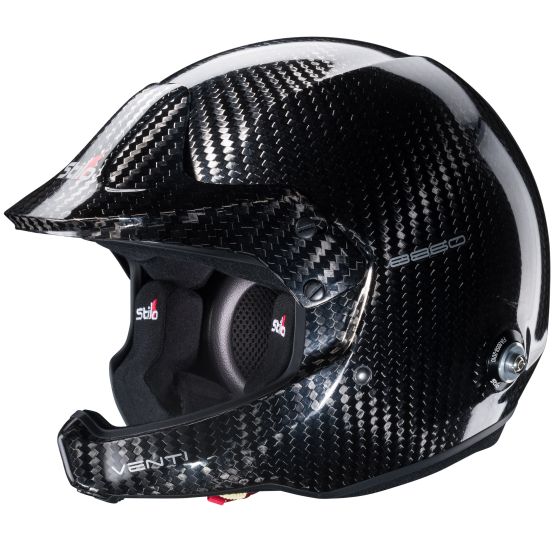 Black carbon fiber rally helmet with a sleek design, featuring ventilation openings, a padded interior, and the Stilo logo prominently displayed. Size XS (54cm).