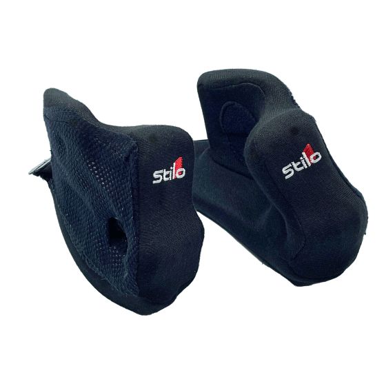 Black cheek pads designed for Stilo Venti WRC and Venti Trophy helmets, featuring a soft fabric exterior and mesh detailing for breathability, measuring 33mm in thickness.