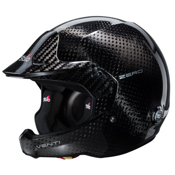 Black carbon fiber rally helmet with a sleek design, featuring ventilation slots, a removable inner lining, and the Stilo logo prominently displayed. Size XS (54cm).