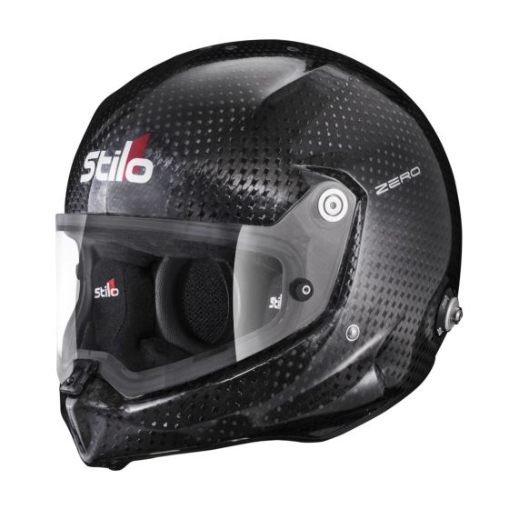 Black carbon fiber helmet with a sleek design, featuring a clear visor, Stilo branding, and a size of M (57cm), designed for dirt racing.