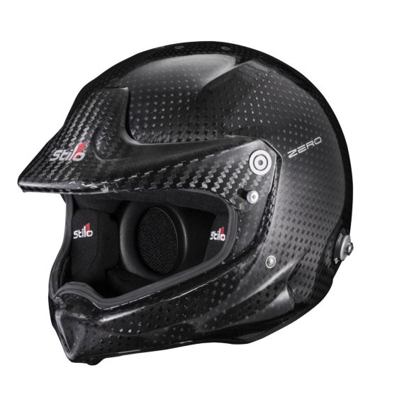 Black carbon fiber racing helmet with a sleek design, featuring a streamlined visor, padded interior, and Stilo branding on the front and sides, size L (59cm).