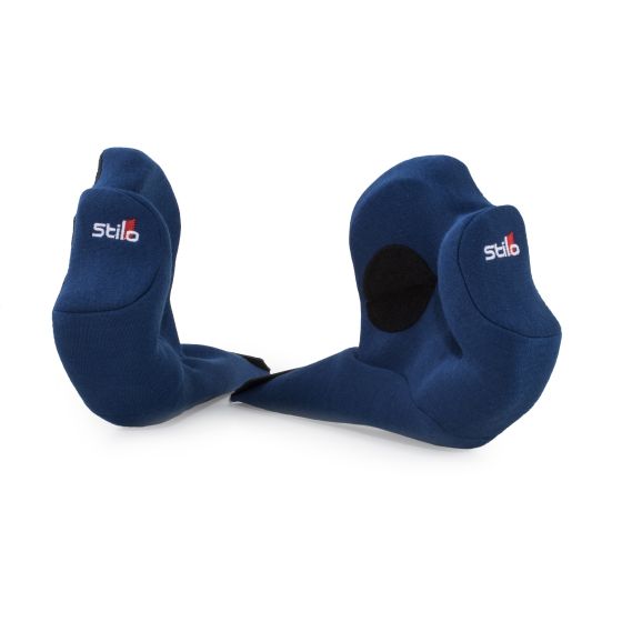Blue cheek pads for Stilo WRC DES helmet, featuring a soft fabric exterior and cutouts for ventilation, designed for comfort and support during racing.