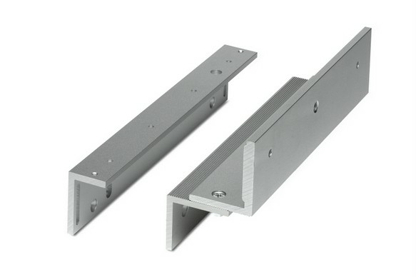 Aluminium accessory bracket for electromagnetic locks, featuring a sleek silver finish, multiple mounting holes, and a ribbed edge for enhanced grip and stability.