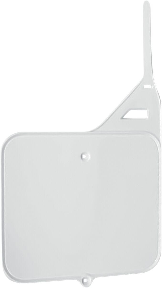 White front number board designed for Suzuki RM125 models from 1987 to 1995, featuring a smooth plastic surface and a side mounting tab for easy installation.