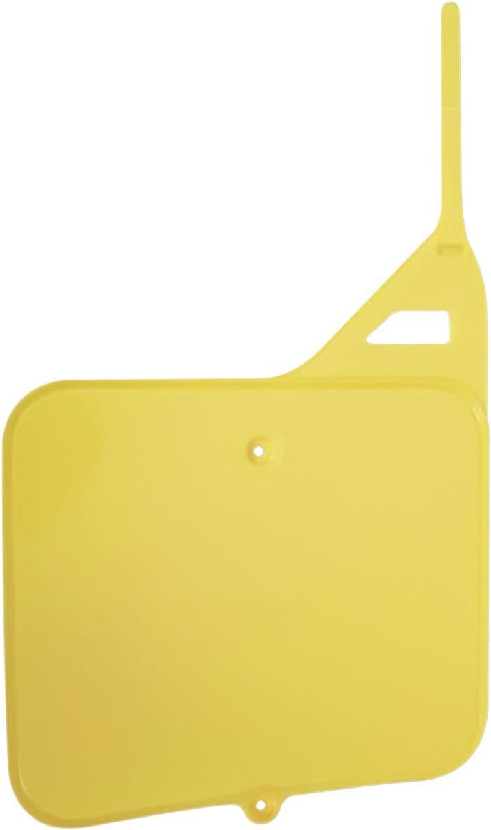 Bright yellow front number board designed for Suzuki RM 125/250 models from 1987 to 1995, featuring a smooth surface and a mounting hole for easy installation.