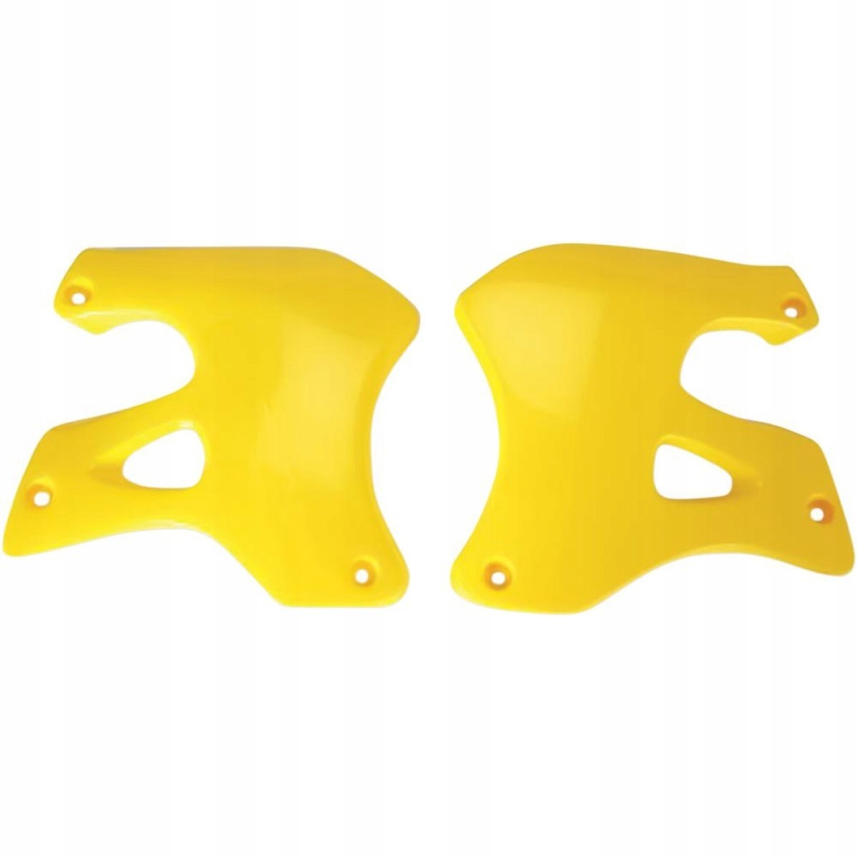 Bright yellow UFO radiator scoops designed for Suzuki RM 125/250 models from 1996 to 1998, featuring a sleek plastic design with cutouts and mounting holes.
