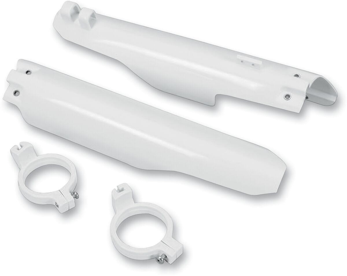 White UFO fork guards designed for Suzuki RM125 models from 1999 to 2003, featuring a smooth plastic finish and two mounting brackets for easy installation.