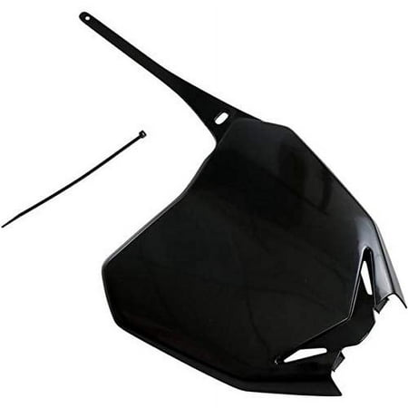 Black UFO front number board for Suzuki RMZ250 (2010-2025) featuring a sleek design, durable plastic material, and a mounting hole for easy installation.