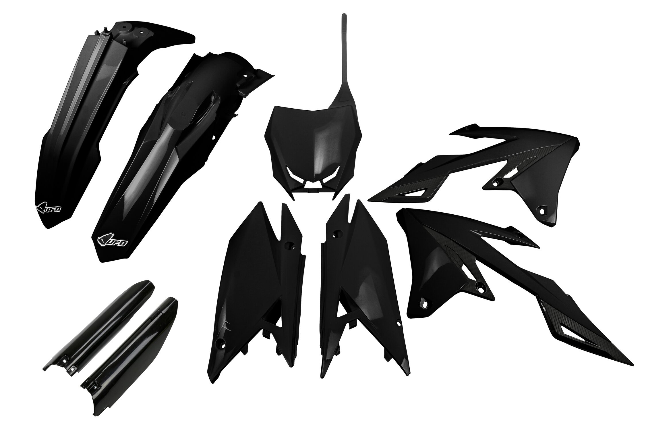 Black plastic bodywork kit for Suzuki RMZ250 (2019-20) and RMZ450 (2018-20), featuring sleek, aerodynamic shapes and a matte finish, including fenders and side panels.