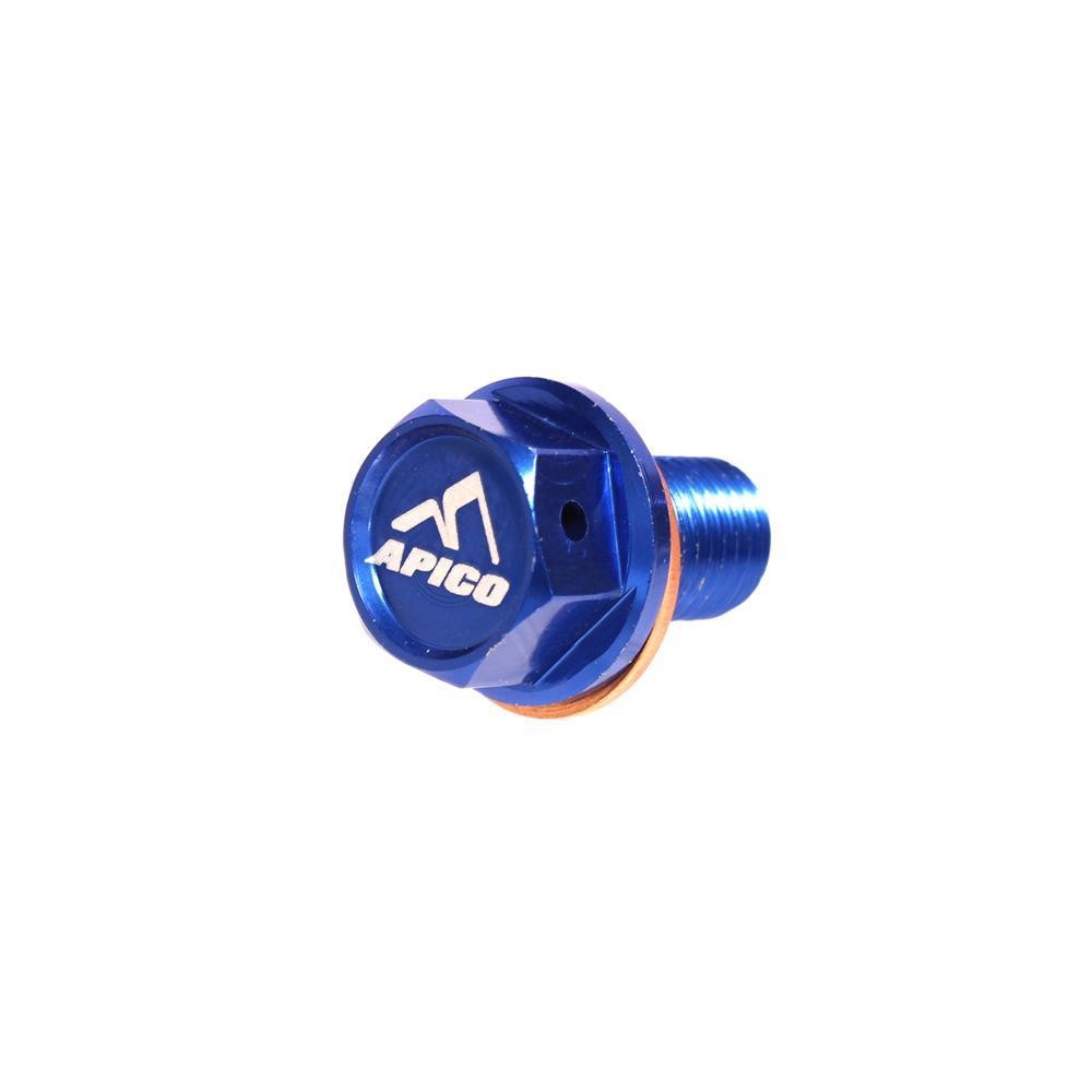Blue Apico magnetic sump drain bolt, M10 x 16mm x 1.25, featuring a hexagonal head with the Apico logo and an orange rubber washer, designed for Yamaha YZ and YZF models.