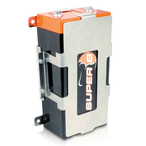 Super B Battery Mounting Bracket for B20P Battery, featuring a black and orange design with a stainless steel frame and logo, designed for secure battery installation.
