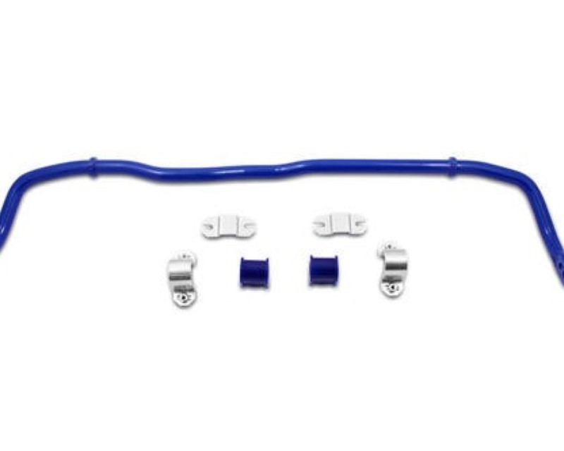 Blue front suspension stabilizer bar assembly with silver brackets and bushings, designed for compatibility with 06-18 R32, Golf R, A3 Quattro, TT Quattro, Tiguan, and Tiguan Limited.