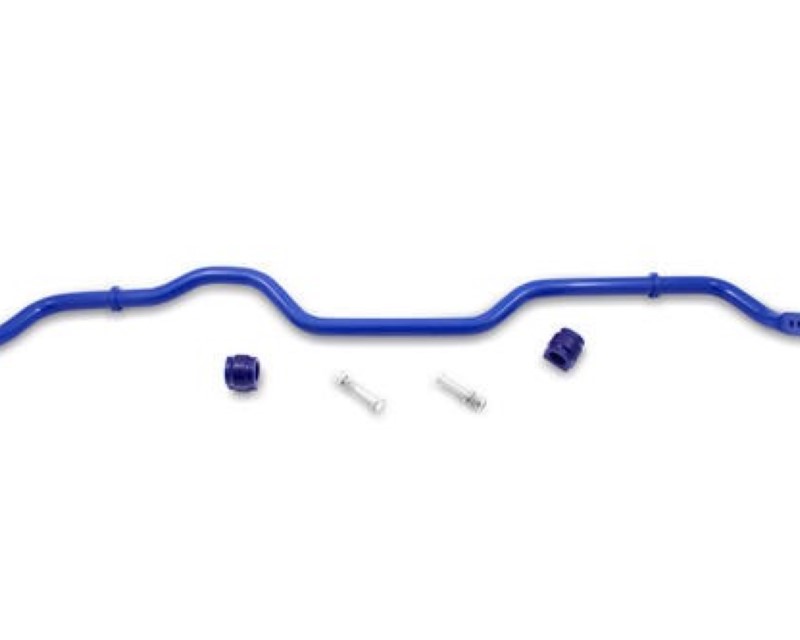 Blue rear suspension stabilizer bar assembly with two purple bushings and silver bolts, designed for compatibility with select Volkswagen and Audi models from 2006 to 2018.
