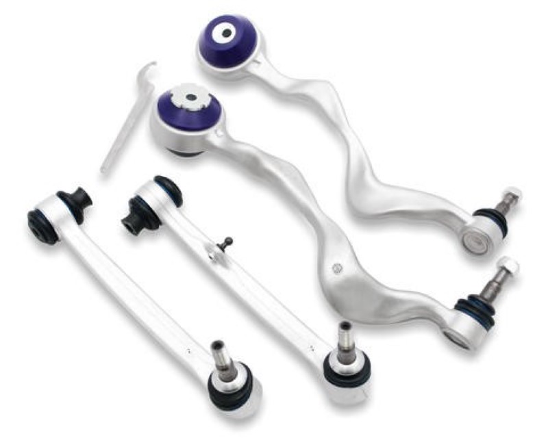 Front suspension control arm kit featuring silver aluminum arms with purple bushings, designed for various BMW models including 328i and 335i, showcasing durable construction and precise engineering.
