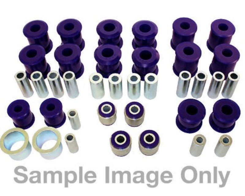 Purple polyurethane bushings and silver metal sleeves arranged in a kit, designed for front control arm applications, showcasing durability and enhanced performance features.