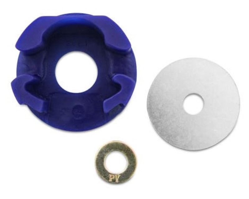 Purple rubber rear lower engine mount bushing with a central hole, accompanied by a silver metal washer and a small gold-colored spacer, designed for specific Volkswagen models.