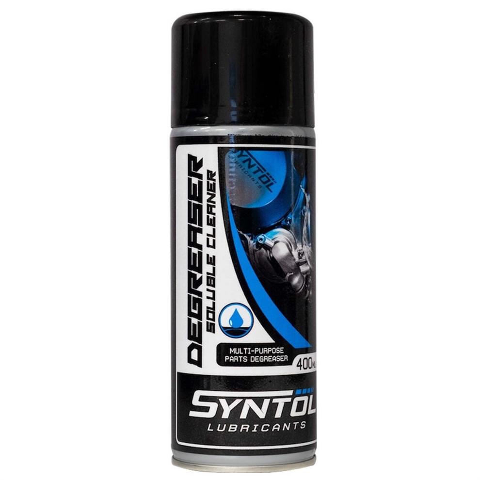 Syntol Parts Degreaser in a black spray can, featuring a blue and white label, designed for cleaning motorbike and road bike drivetrains, with a 400ml capacity.