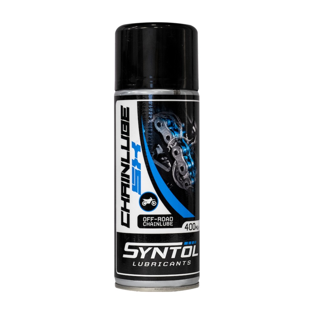 Fully synthetic chain lube spray in a black and silver can, featuring a blue graphic of a motorcycle chain, labeled "Syntol" and "400 ML" for off-road use.