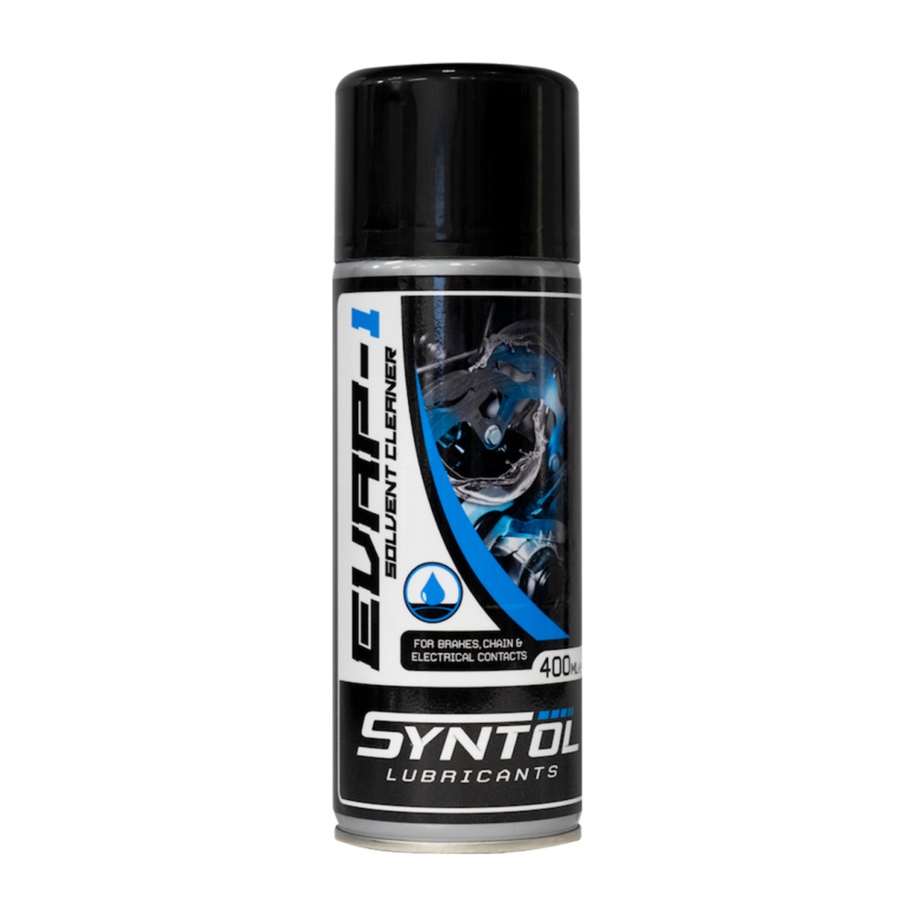 Black and silver aerosol can labeled "E-VAP1 Brake Cleaner Clutch" by Syntol, featuring a blue graphic and text, with a capacity of 400mL for degreasing and cleaning.