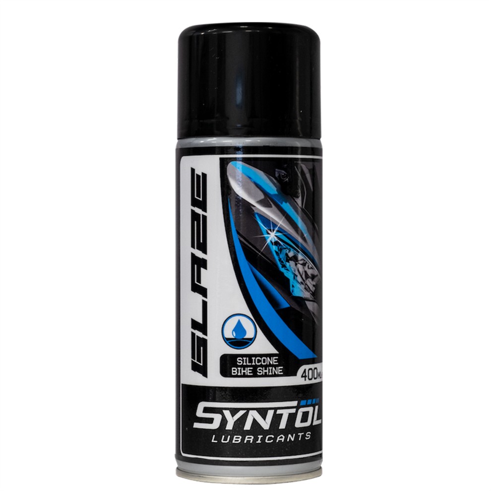 Black and silver aerosol can with a blue design, labeled "Syntol" and "Glaze," containing 400mL of silicone shine for motorcycles and scooters.