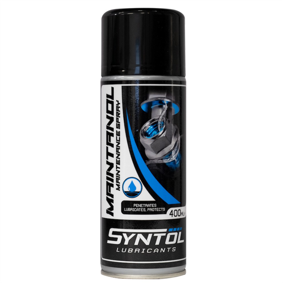 Black and silver aerosol can labeled "Syntol Maintenance Spray" with blue accents, featuring a graphic of a lubricant and text indicating it is a 400 ML rust inhibitor and multi-use fluid.
