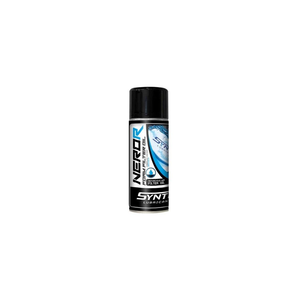 Black aerosol can with a blue and silver label, featuring the text "SYNTOL Nero R" and "Motorcycle Air Filter Oil Spray," designed for motocross and enduro use, 400ml capacity.