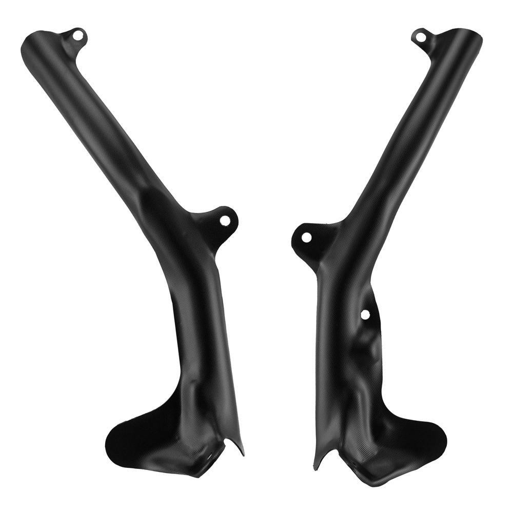 Black plastic frame guards designed for Sherco 2016-2022 and Scorpa 2015-2022 trials models, featuring a sleek, durable finish with mounting holes for easy installation.
