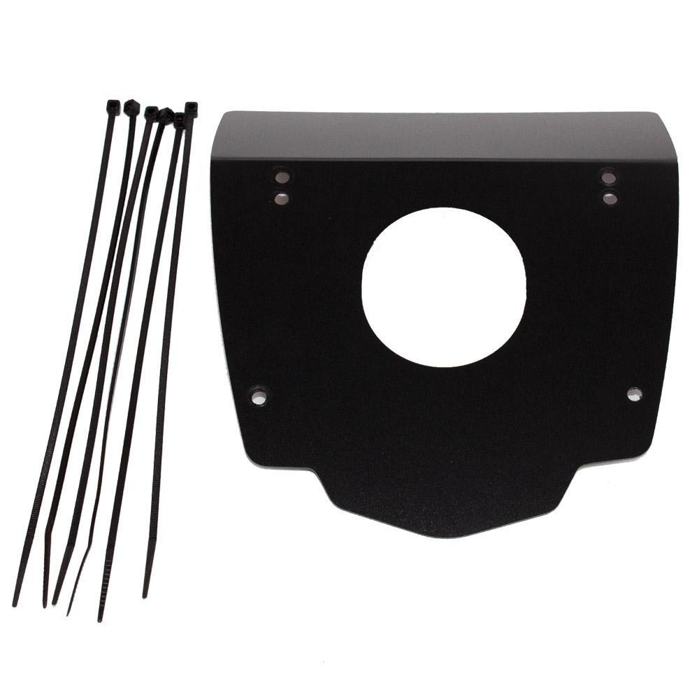 Black carbon-look splash guard for Apico Engine & Radiator, featuring a circular cutout and multiple mounting holes, accompanied by zip ties for installation.