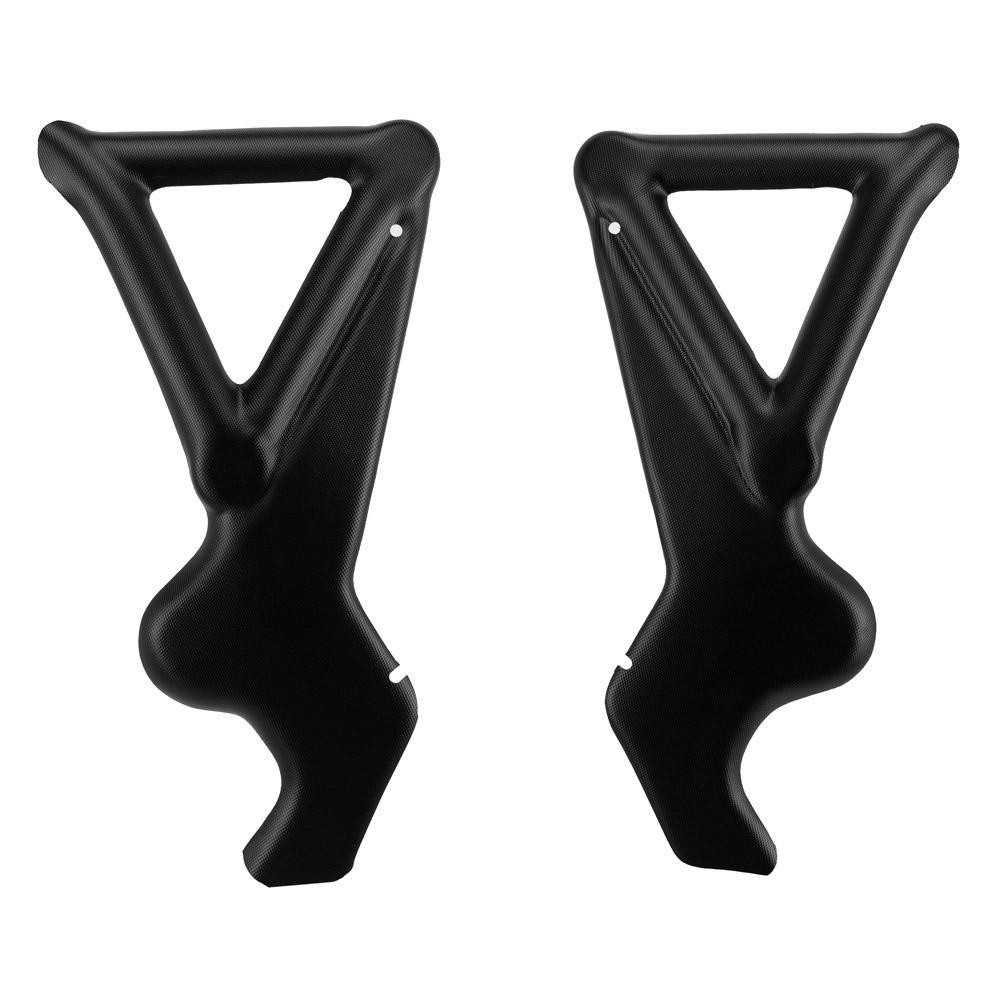 Black plastic frame guards designed for Vertigo models 2016-2022, featuring a sleek, contoured shape with a distinctive triangular cutout for enhanced protection.
