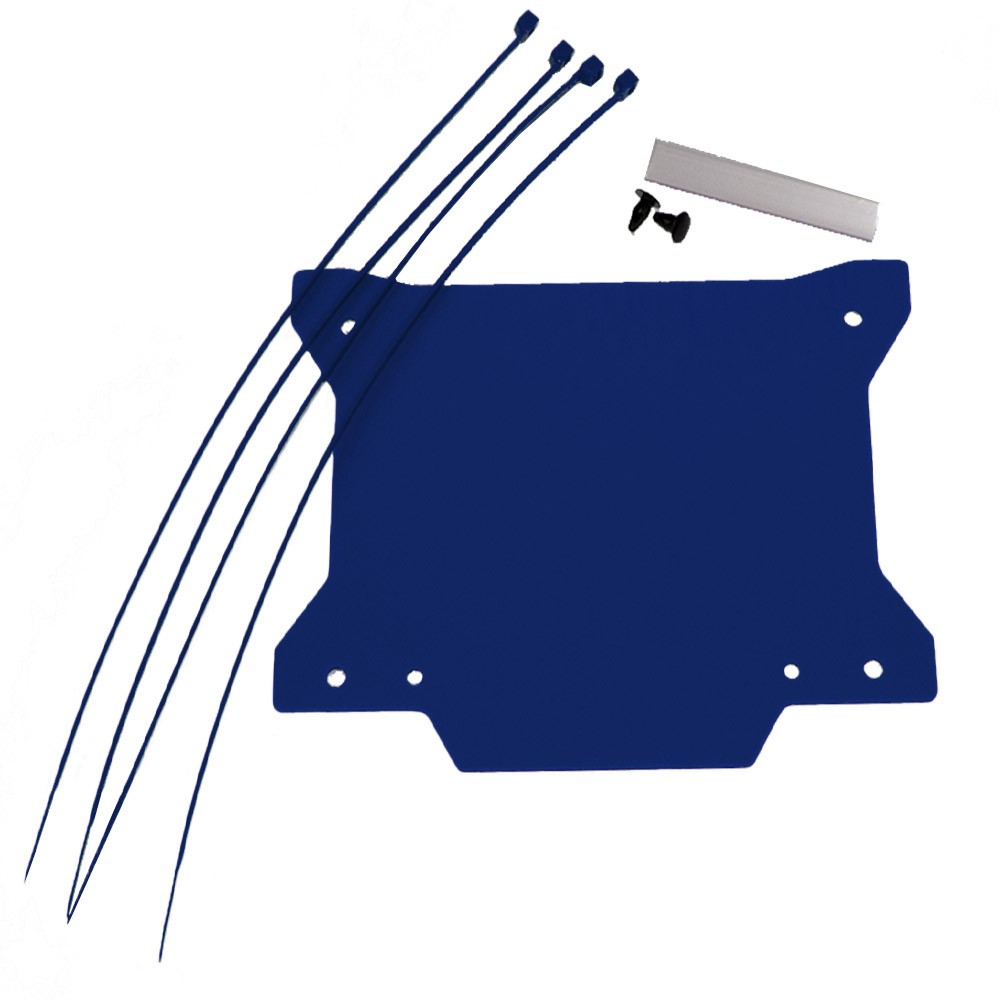Blue plastic front number board with an X shape, featuring a window, accompanied by four blue zip ties and mounting screws.