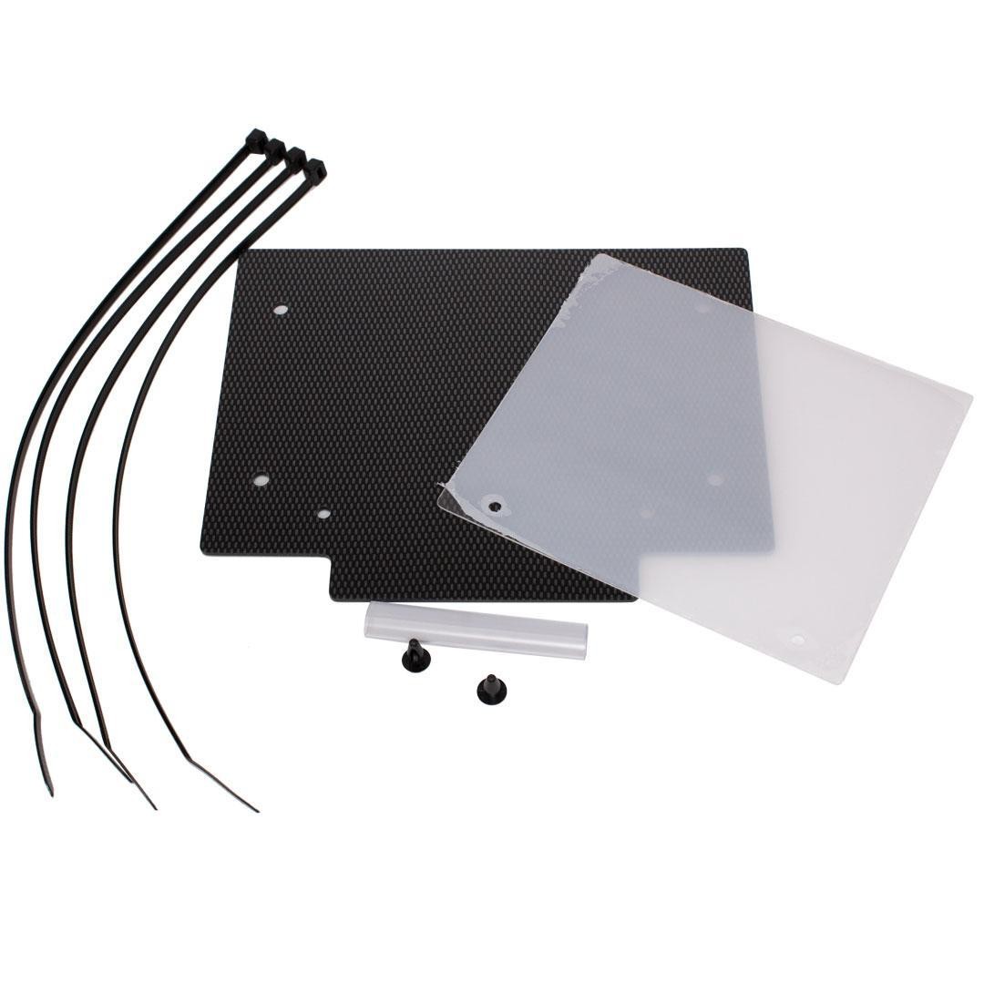 Front number board plastic in carbon look, featuring a clear window, includes zip ties and mounting hardware for easy installation.