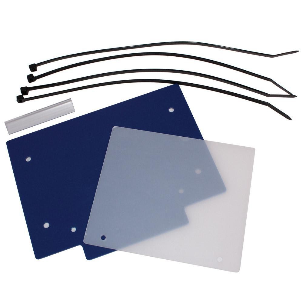 Dark blue Apico front number board plastic set, featuring a clear window, includes four black zip ties and a small clear strip for mounting.