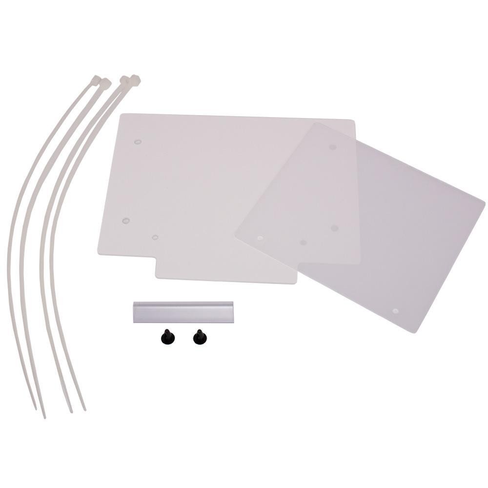 White plastic front number board with a window, accompanied by two clear panels, zip ties, and two black mounting screws.