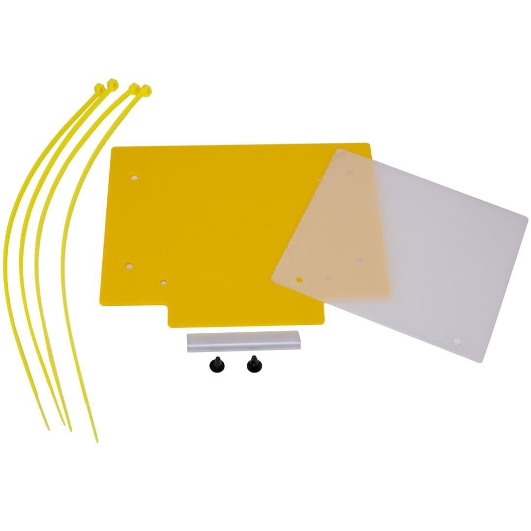 Bright yellow plastic front number board with a clear window, includes mounting hardware and yellow zip ties for attachment.