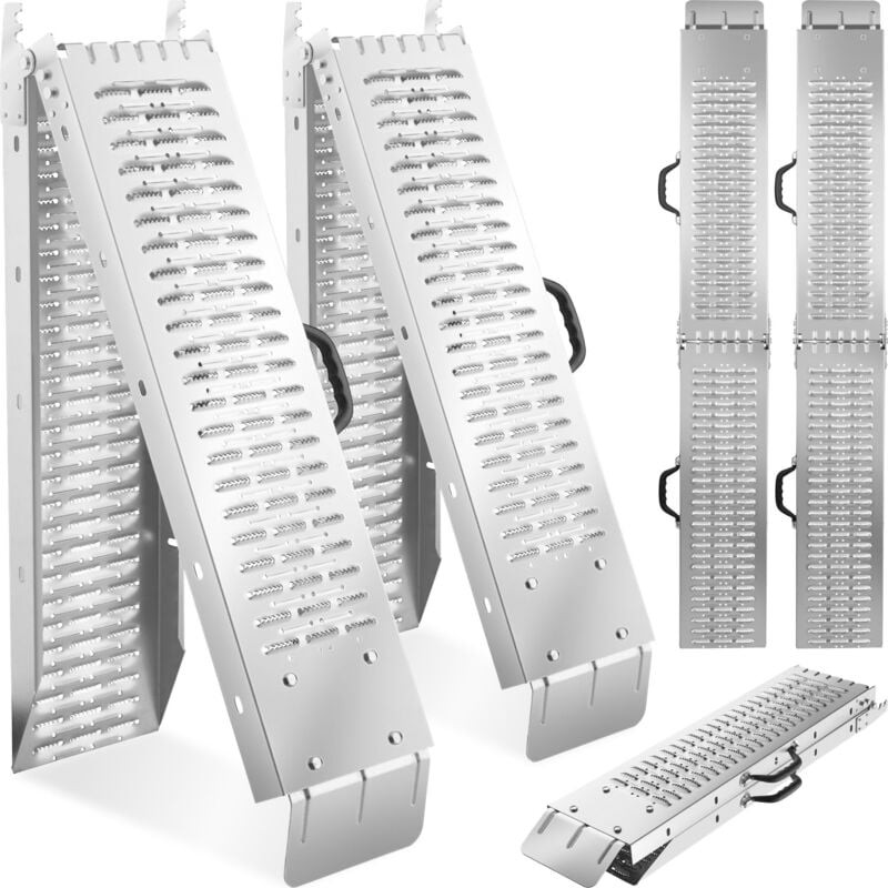 Two silver folding ramps made of metal, featuring a textured surface for traction, with handles for easy transport, designed to support a 400kg capacity.