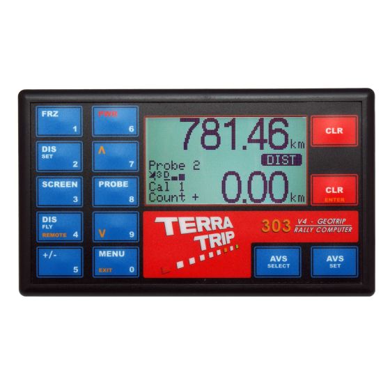 Black rectangular GPS rally computer with a large green LCD display, red and blue buttons, and indicators for distance and probe settings, labeled "TERRA TRIP 303."