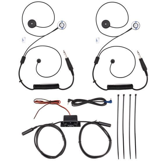 Terratrip Clubman Intercom Kit featuring two black full-face headsets with flexible boom microphones, connecting cables, and zip ties for installation.
