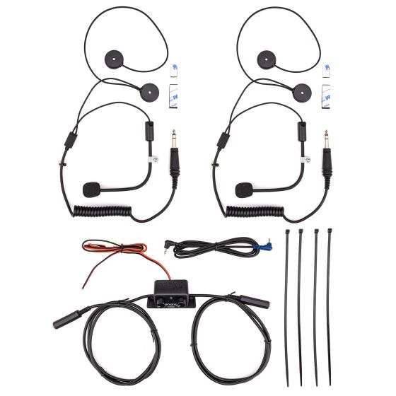 Terratrip Clubman Intercom Kit featuring two black open face headsets, coiled cables, microphones, and installation accessories, designed for clear communication in vehicles.