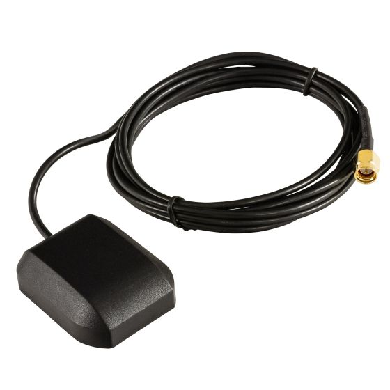 Black rectangular GPS antenna with a smooth surface and a long black cable ending in a gold connector, designed for outdoor use.