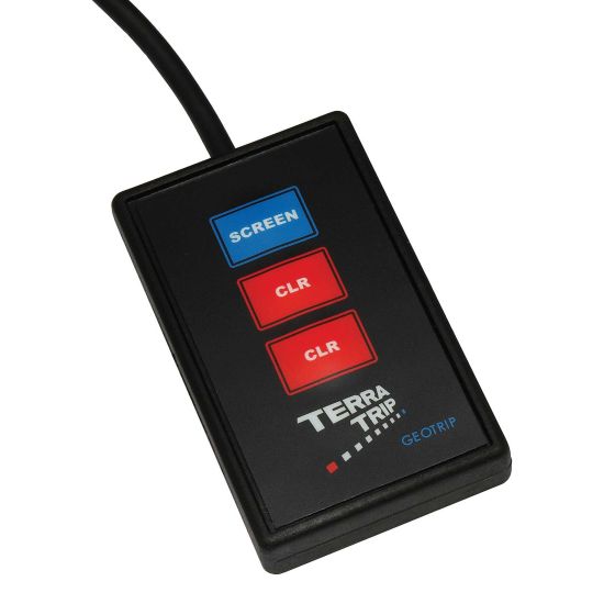 Black remote zeroing unit with three buttons: two red "CLR" buttons and one blue "SCREEN" button, featuring the "TERRA TRIP" logo and a cable for connection.