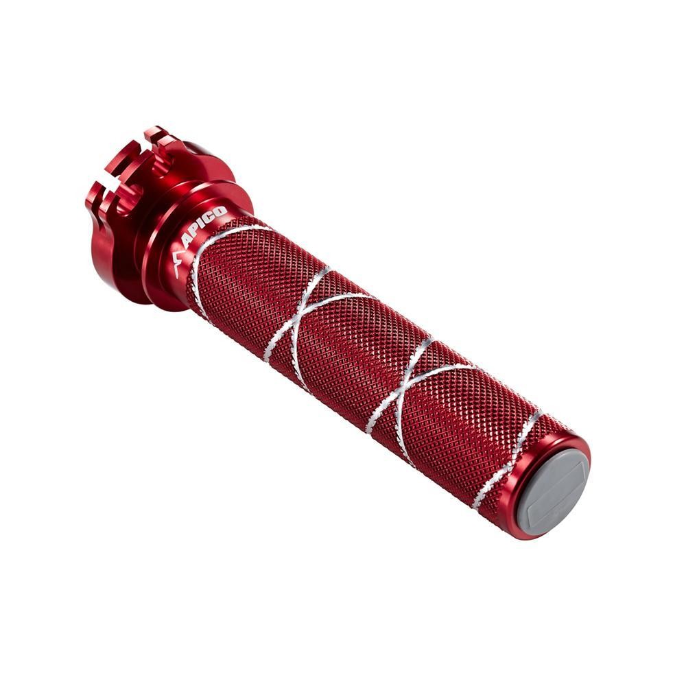 Red aluminum throttle sleeve with a textured grip and crosshatch design, featuring a silver end cap, designed for KTM SX85 and Husqvarna TC85 models from 2003 to 2017.