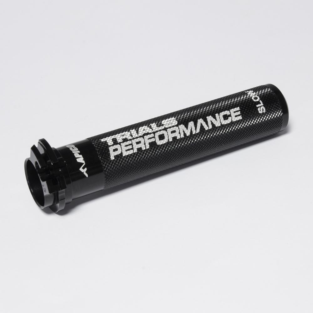 Black alloy throttle sleeve featuring a textured grip and "TRIALS PERFORMANCE SLOW" engraving, designed for Apico Trials bikes.