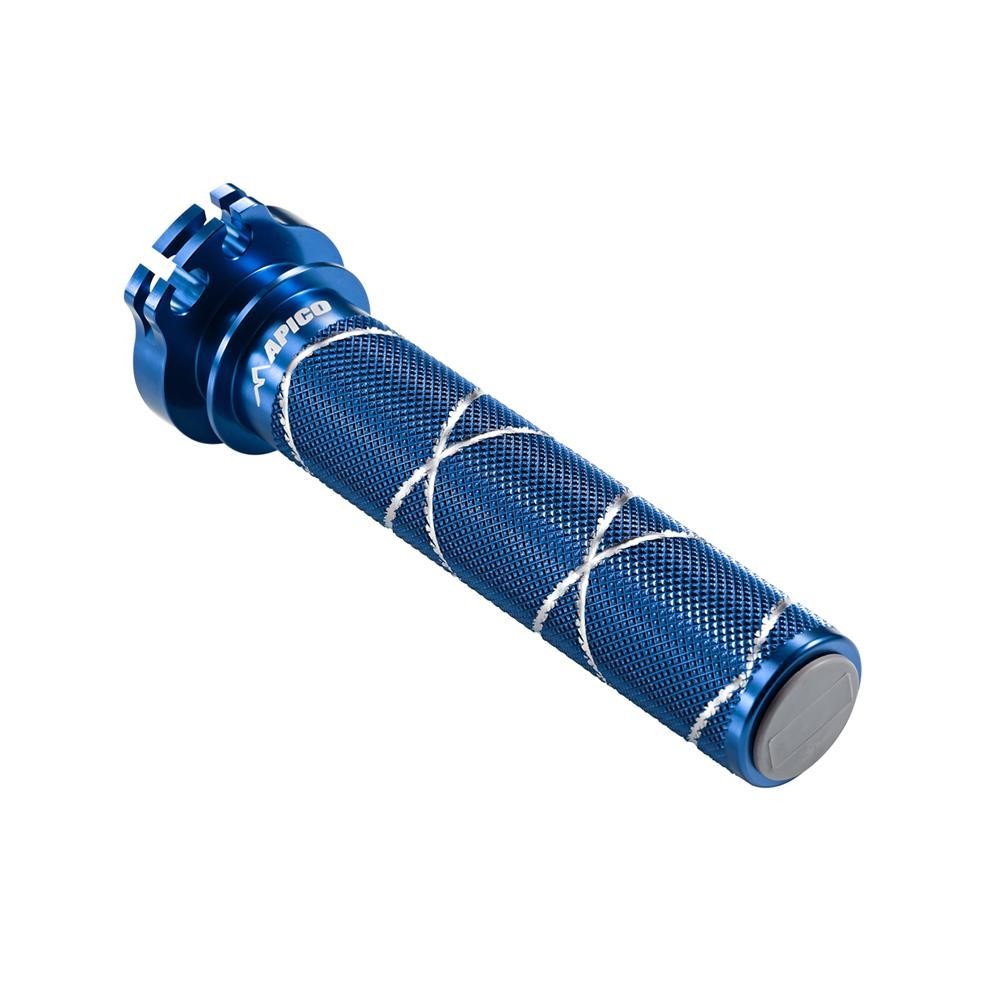 Blue aluminum throttle sleeve with a textured grip and white crosshatch pattern, designed for Yamaha YZ 125/250 models from 1997 to 2025, featuring a durable construction.