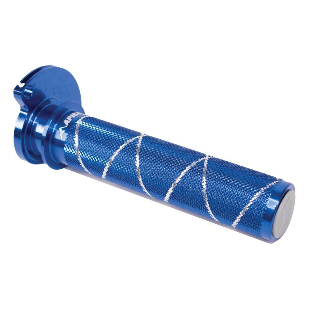Blue aluminum throttle sleeve with a textured grip and silver accents, designed for specific KTM, Husqvarna, and Gas Gas motorcycle models.
