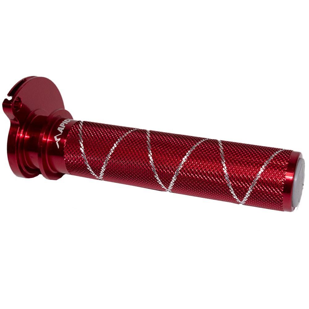 Red aluminum throttle sleeve with a textured grip and silver spiral accents, designed for various KTM, Husqvarna, and Gas Gas motorcycle models from 2017 to 2025.