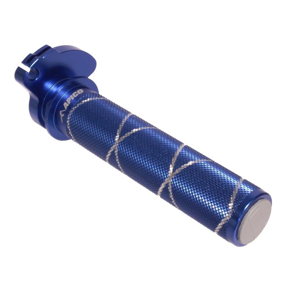 Blue alloy throttle sleeve with a textured grip and silver accents, designed for specific Yamaha motorcycle models from 1983 to 2025.
