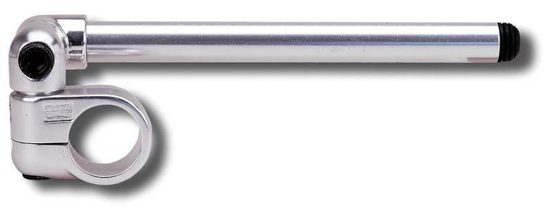 Silver anodised aluminium clip-on handlebars with a 32mm fork diameter, featuring a sleek design and a rubber grip end for enhanced control.